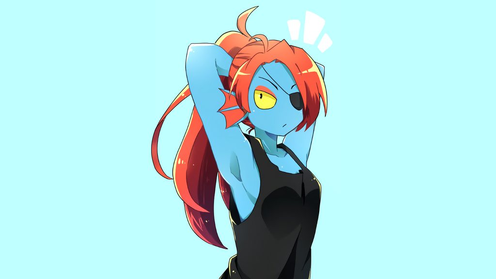 1girl 2d 2d_(artwork) anthro anthro_only armpit armpits artist_request black_tank_top black_topwear blue_background blue_body blue_skin breasts cleavage clothed clothed_female clothing cyan_background digital_media_(artwork) ear_fins eye_patch eyepatch female_anthro female_only fish fish_girl hair hands_behind_head marine monster monster_girl no_bra non-mammal_breasts ponytail red_hair red_ponytail sideboob simple_background slit_pupils solo_anthro solo_female tank_top topwear undertale undertale_(series) undyne upper_body video_game_character video_games yellow_sclera