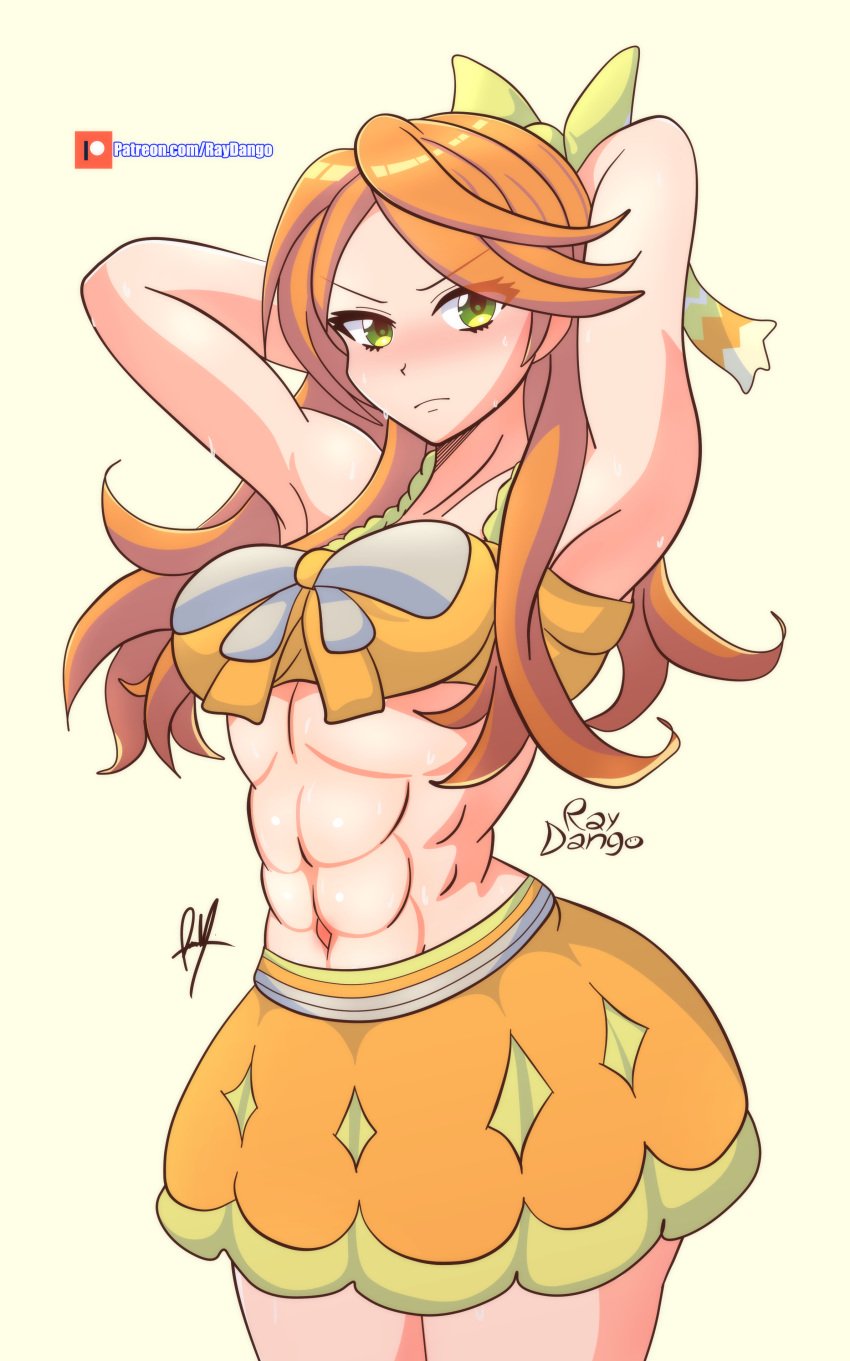 1girl alluring arms_behind_head athletic_female bare_midriff bare_thighs blush etie_(fire_emblem) female_abs female_only fire_emblem fire_emblem_engage fit_female frown green_eyes long_hair looking_at_viewer medium_breasts midriff nintendo orange_hair raydango sweat thighs