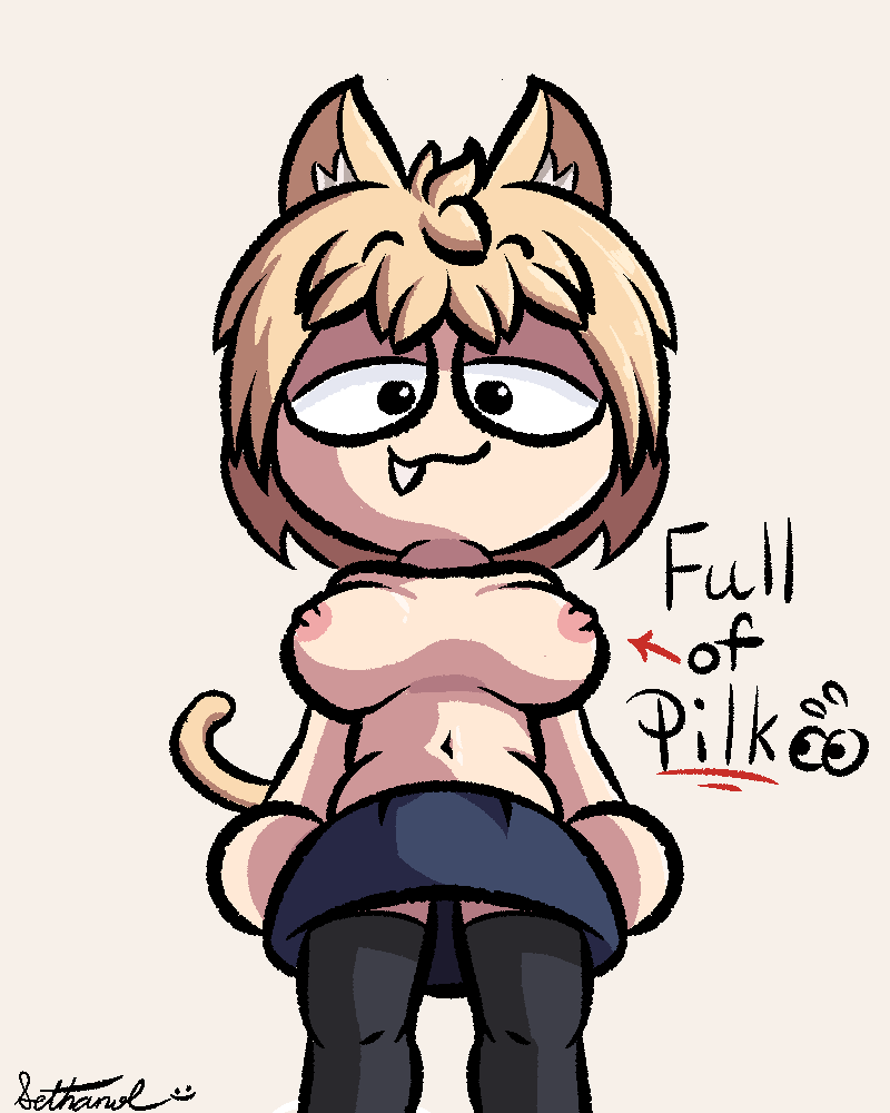 1girl big_breasts looking_at_viewer looking_down looming melty_blood meme neko_arc nipples sethanol_(artist) skirt smug tights tummy