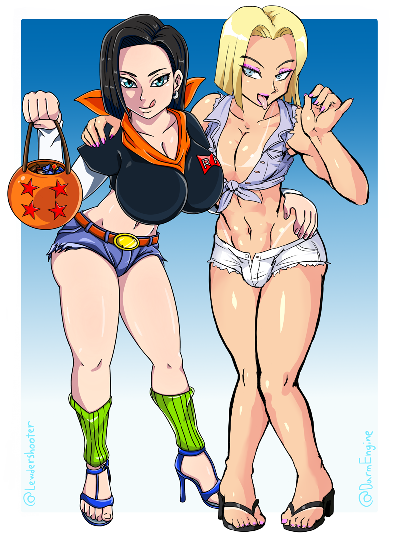 1boy 1girl 1girls air_fellatio android android_17 android_18 ball_bulge balls_under_clothes bimbo blonde_female blonde_hair breasts brother_and_sister bulge cleavage cosplay crossdressing crossplay curvy dark_hair darm_engine denim_shorts dragon_ball dragon_ball_z eyeshadow fellatio_gesture female_android_17 femboy flaccid girly halloween high_heels hoop_earrings huge_breasts licking_lips lipstick makeup male no_eyewear penis_bulge penis_under_clothes shorts siblings stockings tan_line thick_thighs thighs trap trick_or_treat twins wide_hips