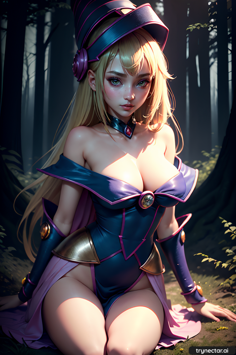 1girl ai_generated bare_shoulders blonde_hair breast cleavage dark_magician_girl female_only long_hair trynectar.ai yu-gi-oh!