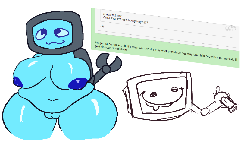 1girl belly big_breasts blue_body blue_nipples blue_skin breasts chubby chubby_belly chubby_female computer_head computer_monitor computer_screen female_focus female_only for_a_head grossthing_(artist) monitor_head naked_female nude nude_female overweight overweight_female plump regretevator roblox robot robot_girl scag_(regretevator) text
