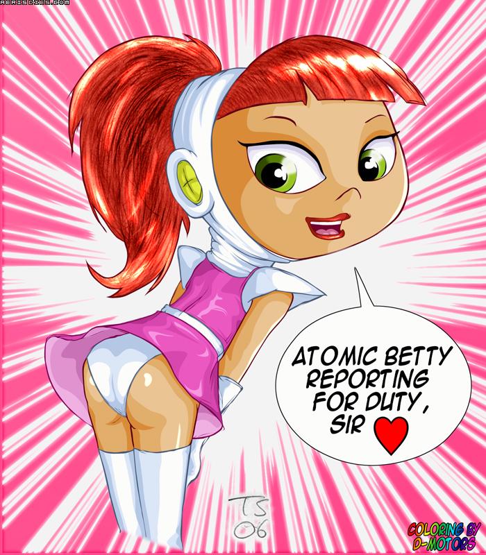 aaaninja ass atomic_betty betty_barrett dialogue dtms female_focus green_eyes l**i lolicon looking_back open_mouth panties ponytail red_hair short_dress simple_background speech_bubble tommy_simms
