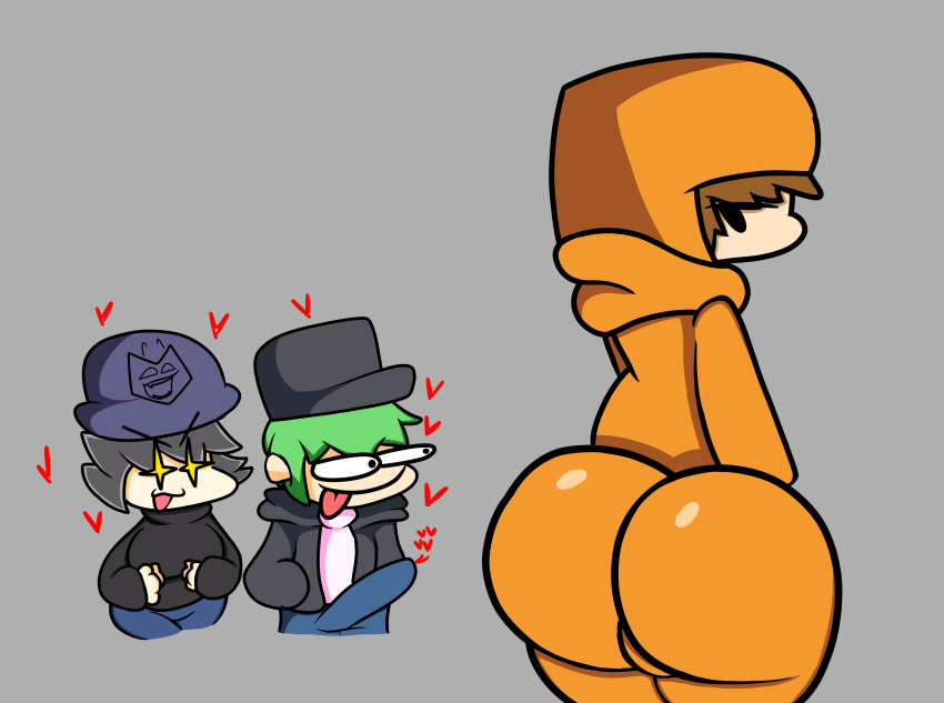 >:3 1girl 2023 2boys ass big_ass big_ass_(male) blox1010(oc) brown_hair funny green_hair hiper_(oc) mr.jeffrey orange_hat pog poggers
