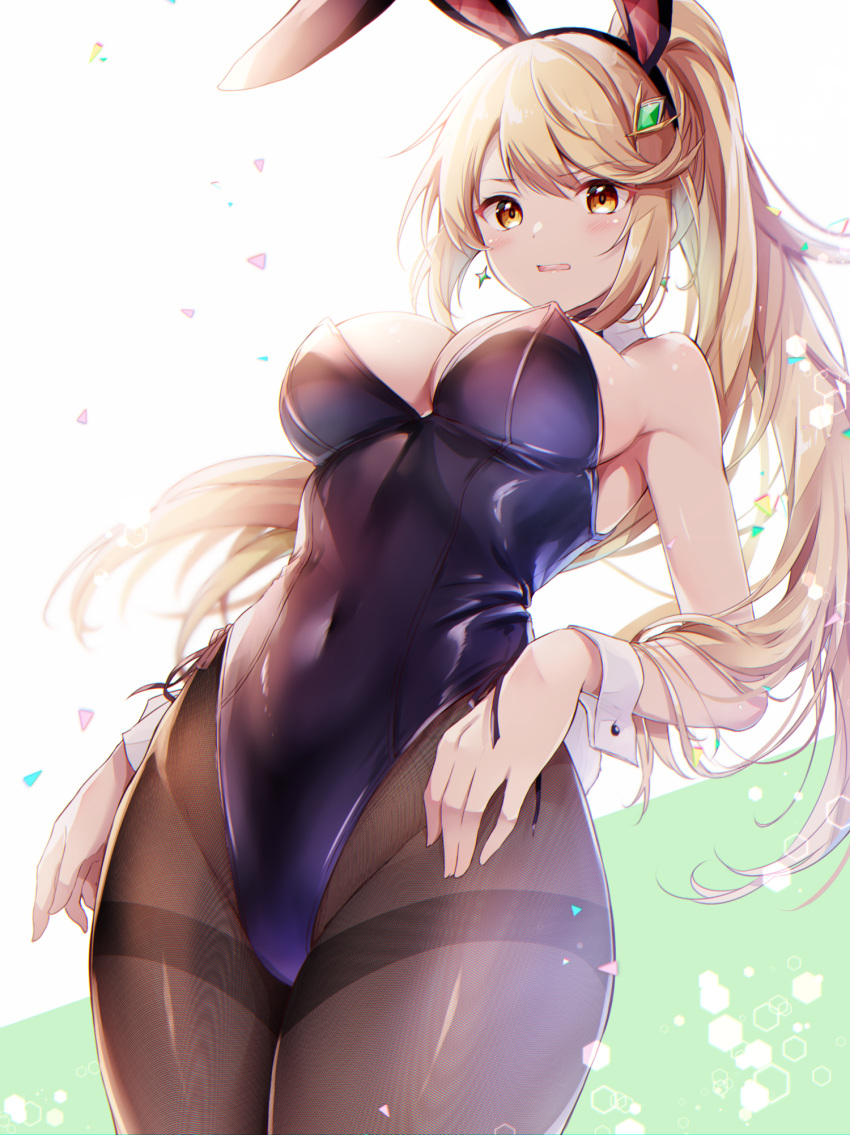 1girl 1girl alluring alternate_costume animal_ears bare_shoulders big_breasts black_leotard black_pantyhose blonde_hair blush cleavage commentary_request covered_navel detached_collar earrings fake_animal_ears hair_ornament high_res highleg highleg_leotard jewelry leotard long_hair looking_at_viewer mythra nintendo pantyhose playboy_bunny ponytail rabbit_ears simple_background strapless strapless_leotard ui_frara white_background wrist_cuffs xenoblade_(series) xenoblade_chronicles_2 yellow_eyes