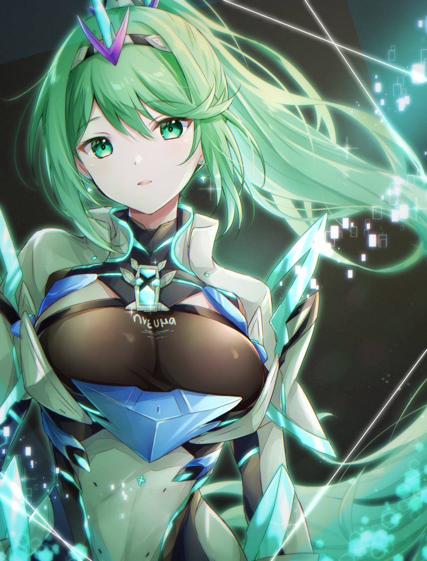 1girl 1girl alluring armor big_breasts chest_jewel cleavage core_crystal_(xenoblade) dangle_earrings drop_earrings earrings gem greek_text green_eyes green_hair hair_ornament headpiece high_res jewelry long_hair looking_at_viewer neon_trim nintendo pneuma_(xenoblade) ponytail swept_bangs tiara ui_frara very_long_hair xenoblade_(series) xenoblade_chronicles_2