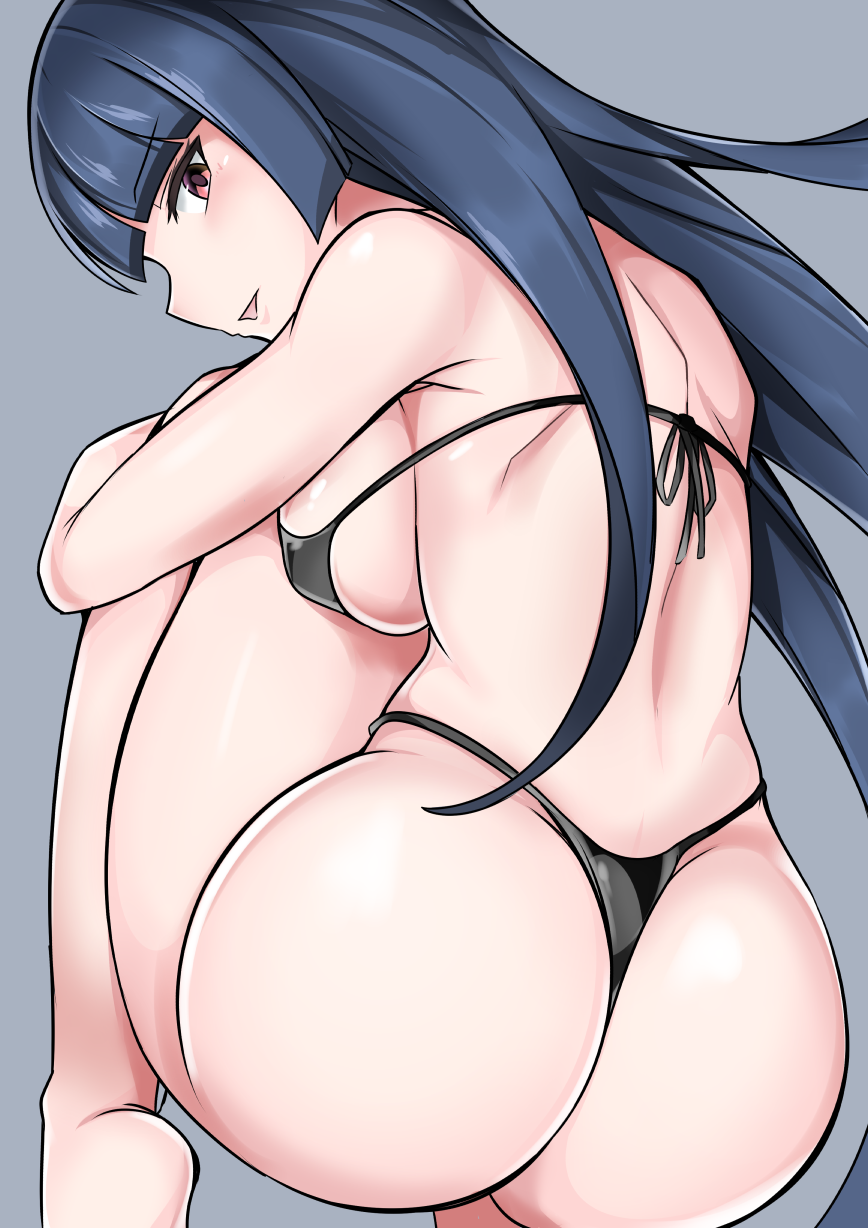 1girl 1girl alluring ass bare_shoulders barefoot big_breasts bikini black_bikini blue_hair blush ceatures_(company) from_behind game_freak grey_background high_res long_hair looking_at_viewer looking_back natsume_(pokemon) nintendo open_mouth pokemon pokemon_frlg red_eyes sabrina sabrina_(pokemon) shiny_skin sideboob smile sumida_kichi swimsuit thong thong_bikini very_long_hair wide_hips