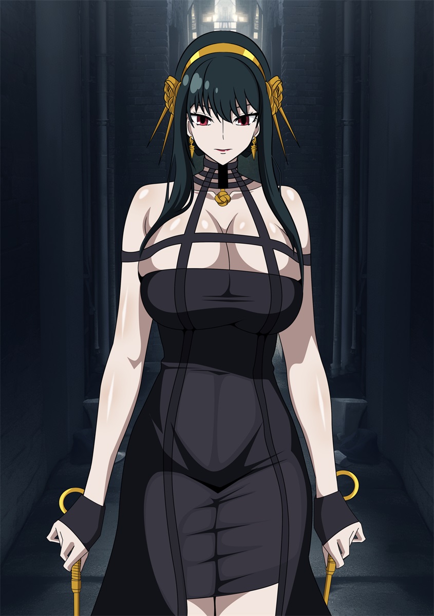 1girl alluring big_breasts black_hair cleavage dress milf pin_up red_hair spy_x_family yor_briar yor_forger yxyyxy