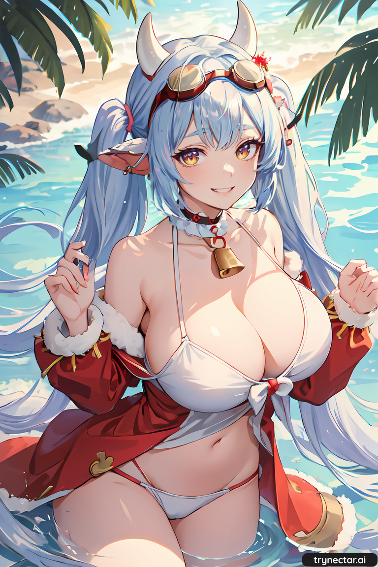 1girl animal_ears animal_print bare_shoulders big_breasts bikini blue_hair breasts cleavage cow_ears cow_girl cow_print goggles goggles_on_head light_blue_hair looking_at_viewer neck_bell pointy_ears print_bikini red_coat swimsuit twin_tails yellow_eyes