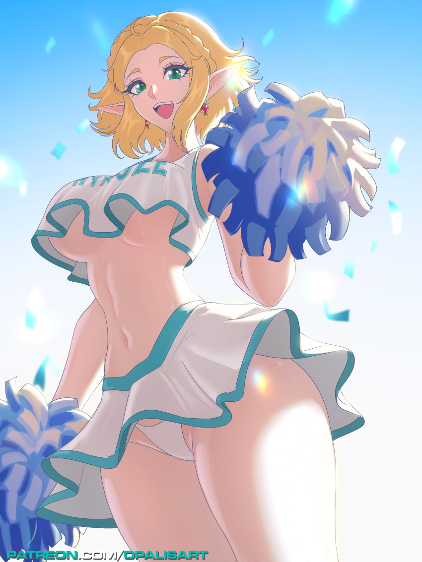 1girl 1girl 1girl alluring bare_arms bare_legs bare_shoulders bare_thighs big_breasts big_breasts blonde_hair cheerleader cheerleader_outfit cheerleader_uniform clothed clothing color elf_ears elf_female female_focus female_only green_eyes high_res light-skinned_female light_skin looking_at_viewer nintendo opalisart panties princess_zelda short_hair solo_female tears_of_the_kingdom the_legend_of_zelda thick_thighs under_boob zelda_(tears_of_the_kingdom)
