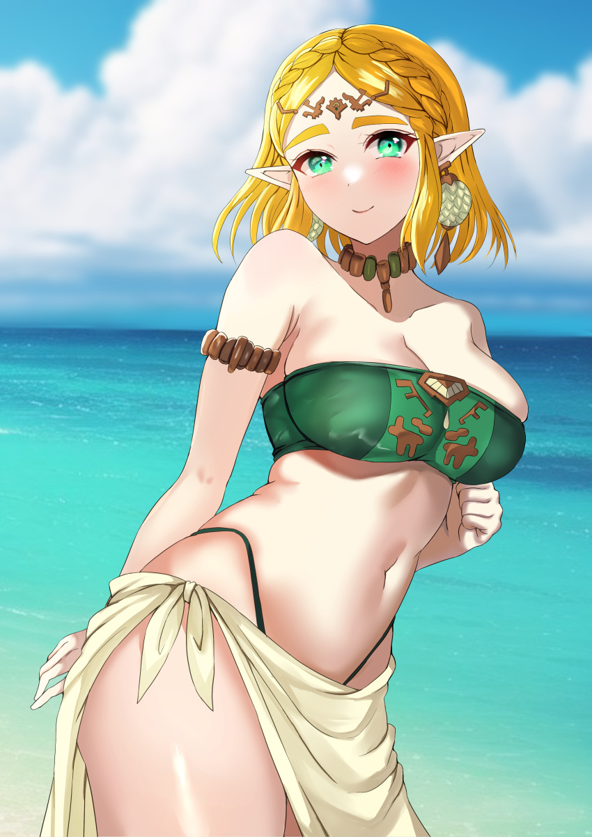 1girl 1girl absurd_res alluring bandeau bare_shoulders big_breasts bikini blonde_hair blue_sky braid cloud commentary_request cowboy_shot crown_braid day green_bikini green_eyes high_res looking_at_viewer navel nintendo ocean pointy_ears princess_zelda sarong short_hair sky standing stomach strapless swimsuit tara_(szzj7733) the_legend_of_zelda the_legend_of_zelda:_tears_of_the_kingdom thick_eyebrows thighs tube_top water