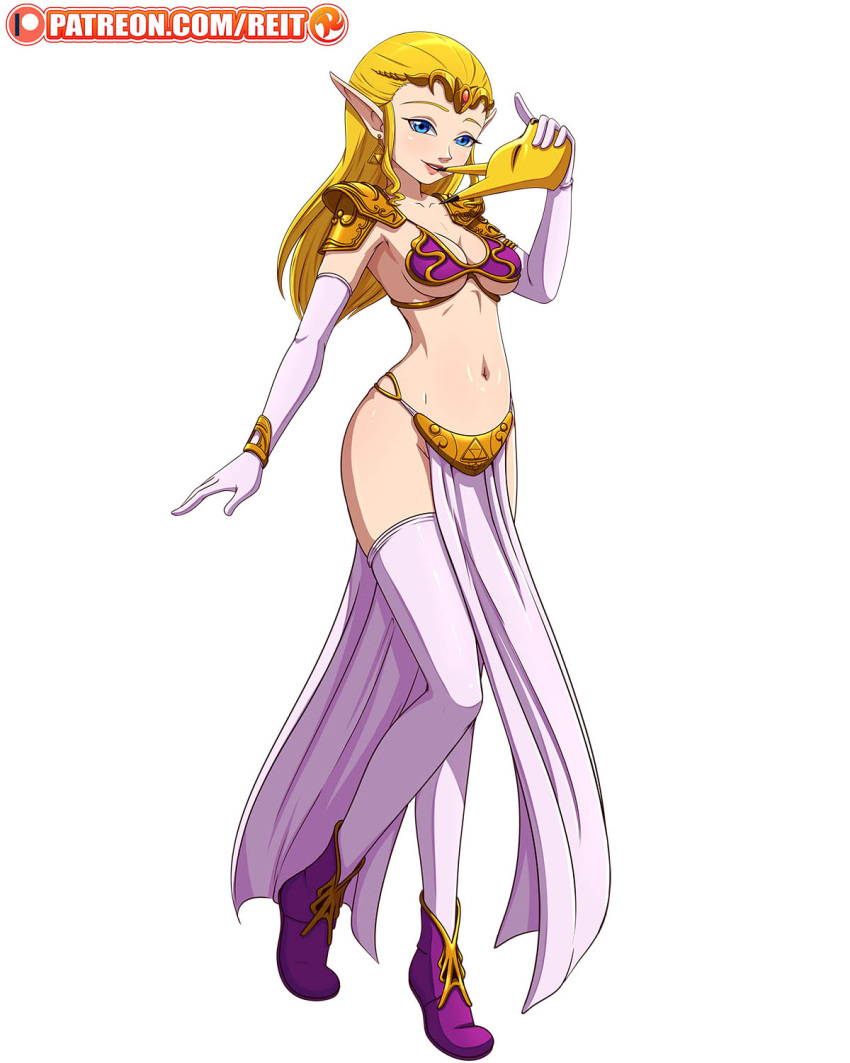 1girl alluring arabian_clothes big_breasts blonde_hair blue_eyes boots breasts cosplay elbow_gloves elf_ear female_only gloves harem_outfit keaton_mask legwear long_hair looking_at_viewer metal_bikini navel patreon pelvic_curtain princess_zelda reit shoulder_armor stockings super_smash_bros_melee the_legend_of_zelda under_boob white_gloves white_legwear white_thighhighs zelda_(ocarina_of_time)
