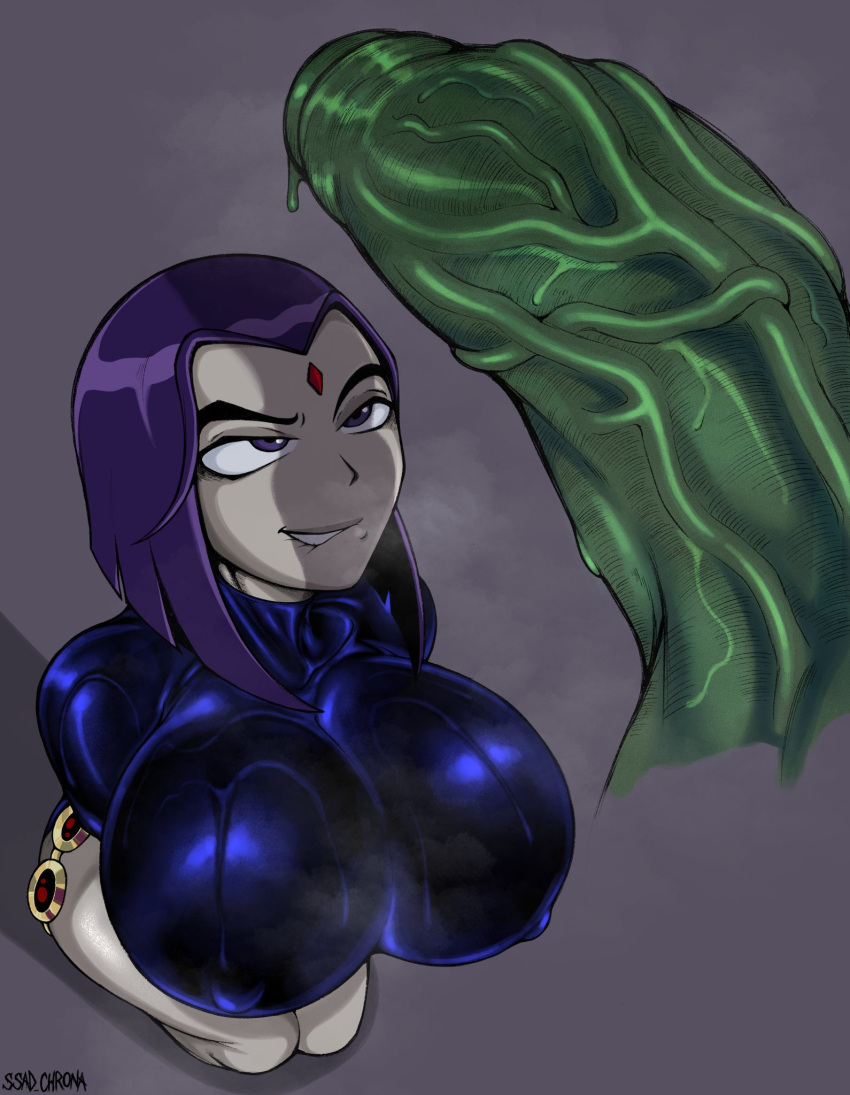 1boy 1girl beast_boy belt breasts canon_couple chrona_draws clothed clothed_female dc_comics erection female garfield_logan goth green_skin grey_skin huge_breasts huge_cock hyper_penis leotard male male/female penis purple_eyes purple_hair rachel_roth raven_(dc) teen_titans uncensored veiny_penis