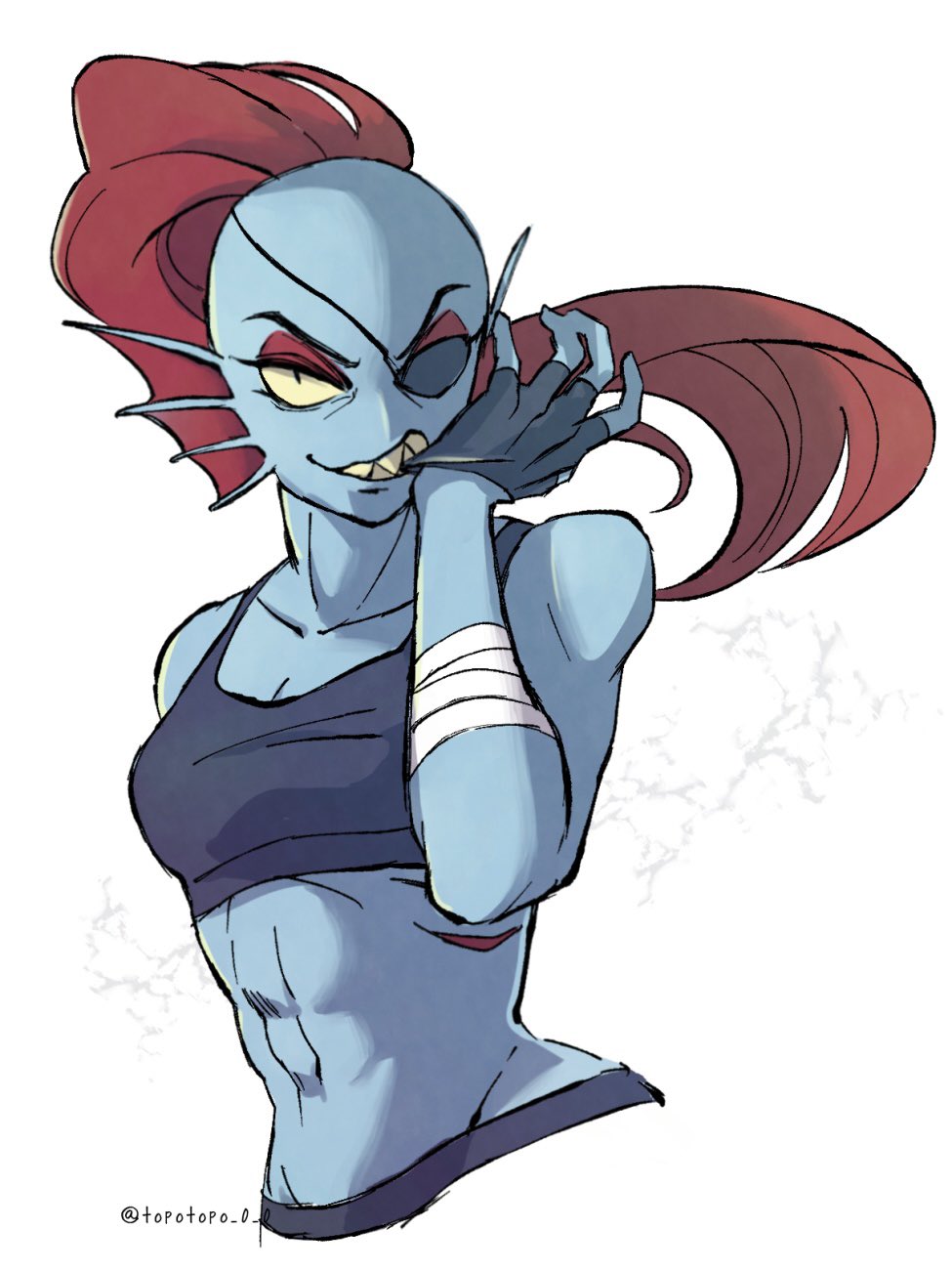 1girl 2020s 2023 2d 2d_(artwork) abs anthro anthro_only artist_name bandage bandaged_arm biting biting_glove black_fingerless_gloves black_gloves blue_body blue_skin breasts cleavage clothed clothed_female clothing digital_media_(artwork) ear_fins eye_patch eyepatch female_anthro female_only fingerless_gloves fins fish fish_girl gloves hair head_fins looking_at_viewer marine midriff monster monster_girl navel non-mammal_breasts non-mammal_navel ponytail red_hair red_ponytail sharp_teeth simple_background slit_pupils solo_anthro solo_female sports_bra teeth topotopo_0_0 twitter twitter_username undertale undertale_(series) undyne upper_body video_game_character video_games white_background yellow_sclera