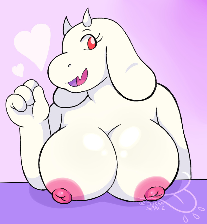 1girl 2022 2d 2d_(artwork) 4_fingers adorable anthro anthro_only areola artist_logo artist_name big_breasts boss_monster bovid breasts breasts_on_table caprine cute digital_media_(artwork) eyelashes female_anthro female_only floppy_ears fur furry furry_female furry_only goat goat_ears goat_girl goat_horns gradient_background heart high_res horn horns mammal mature mature_anthro mature_female milf monster monster_girl nipples nude nude_anthro nude_female purple_background red_eyes simple_background solo_anthro solo_female third-party_source thirstspace tongue toriel undertale undertale_(series) upper_body video_game_character video_games white_body white_fur