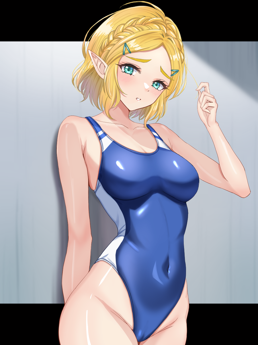 1girl 1girl alluring alternate_costume bare_legs bikini blonde_hair blue_eyes blue_one-piece_bikini braid cameltoe commentary_request competition_swimsuit covered_navel crown_braid hair_ornament hairclip hand_up high_res highleg highleg_swimsuit looking_at_viewer medium_breasts nintendo one-piece_bikini parted_bangs parted_lips pointy_ears princess_zelda short_hair swimsuit the_legend_of_zelda the_legend_of_zelda:_tears_of_the_kingdom tsukiyuki_mike white_one-piece_swimsuit