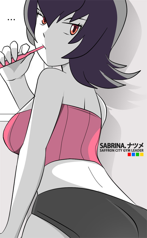 1girl 1girl alluring ass breasts female_focus female_only game_freak gym_leader looking_at_viewer natsume_(pokemon) nintendo pokemon pokemon_hgss pokemon_rgby sabrina sabrina_(pokemon) sabrina_(pokemon_hgss) short_hair shorts solo_female toothbrush toothbrush_in_mouth vivivoovoo