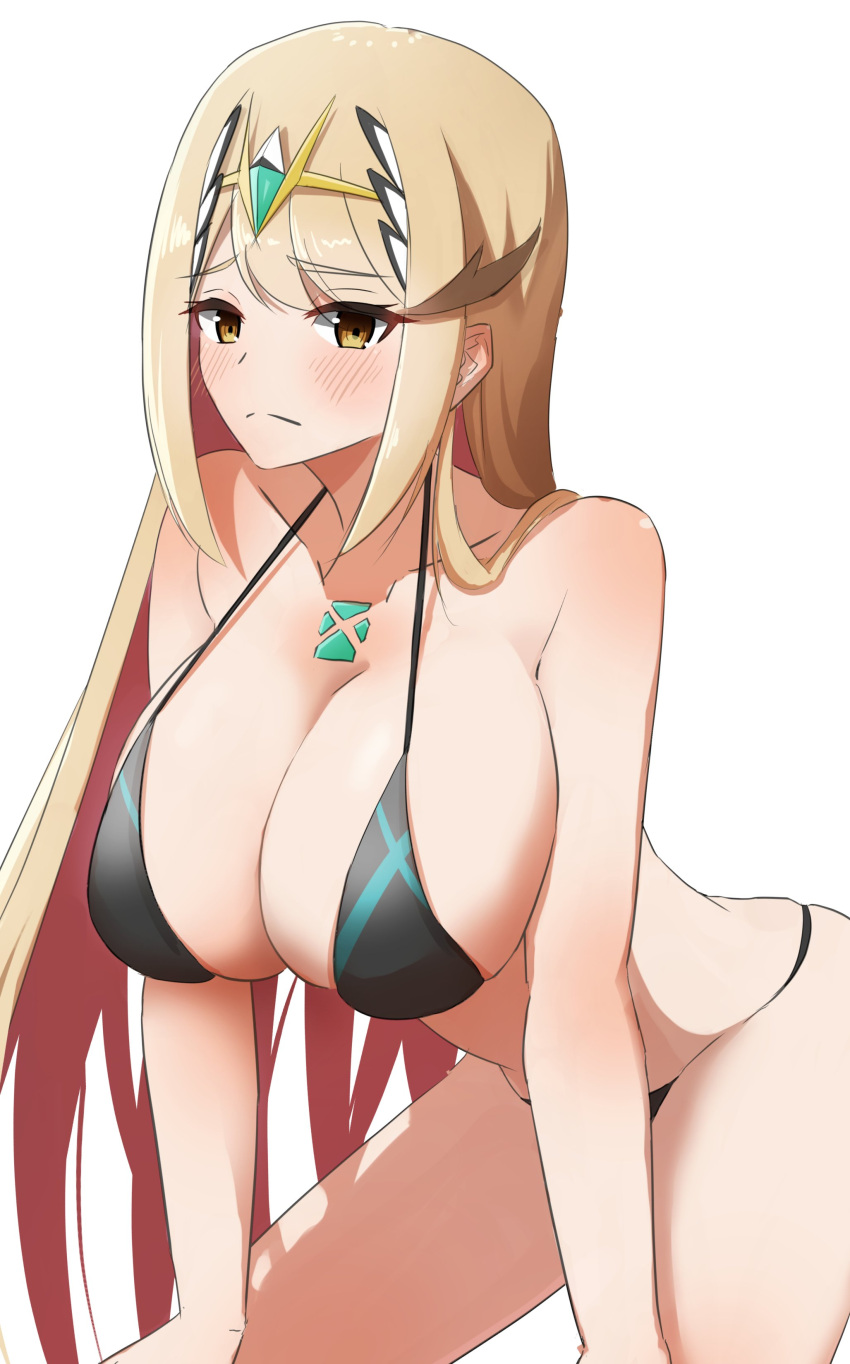 1girl absurd_res alluring big_breasts bikini black_bikini blonde_hair blush breasts chest_jewel commentary_request core_crystal_(xenoblade) embarrassed gem hands_on_own_knees headpiece high_res kanuici336 leaning_forward light_frown long_hair looking_at_viewer mythra nintendo sidelocks swept_bangs swimsuit tiara white_background xenoblade_(series) xenoblade_chronicles_2 yellow_eyes