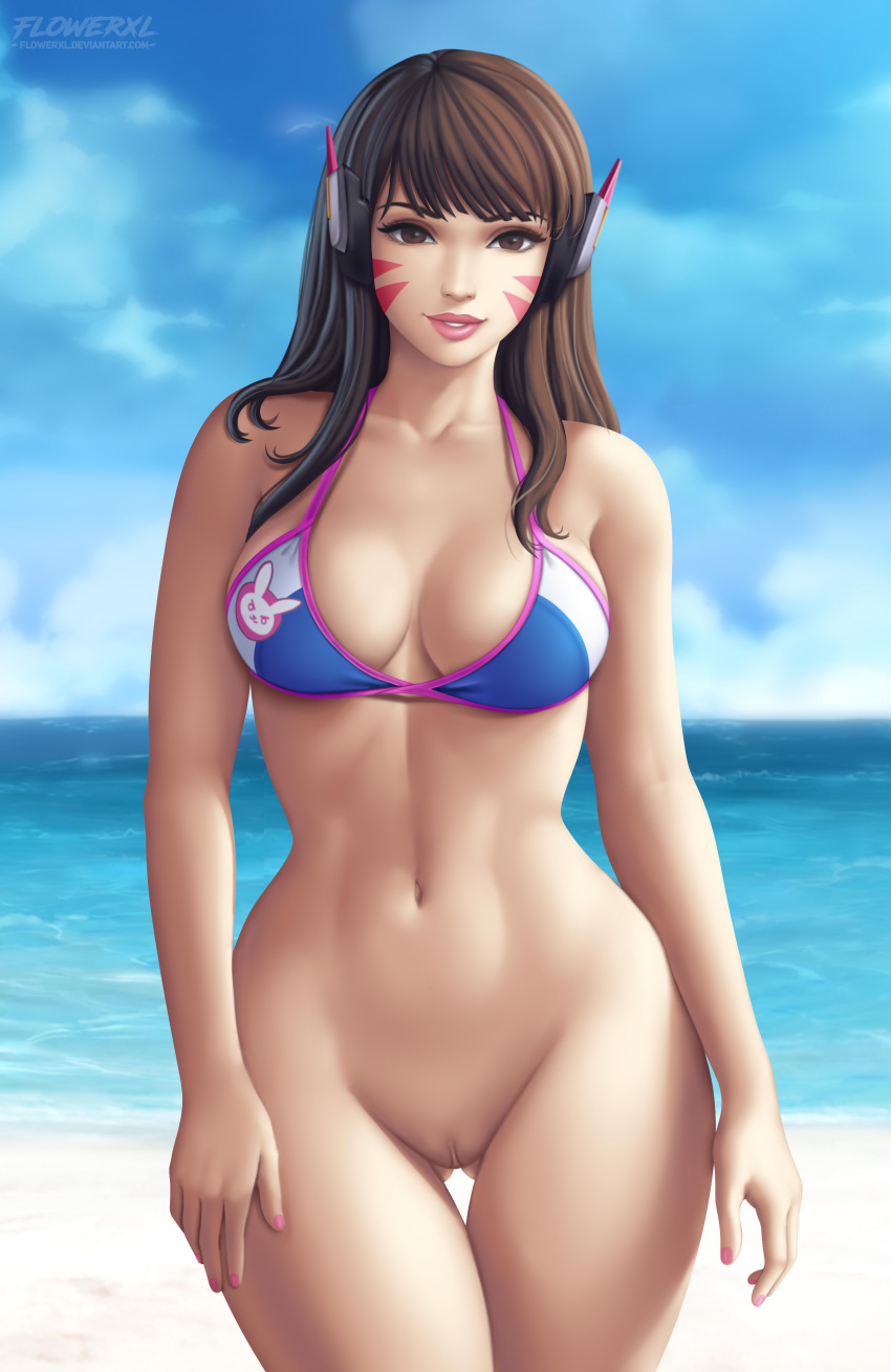 1girl 1girl 1girl 1girl alluring asian_female beach bikini blue_bikini blue_swimsuit bottomless bottomless_female breasts brown_eyes brown_hair cloud curvy d.va d.va_(overwatch) daytime eye_contact female_abs female_only fingernails flowerxl headphones hip_focus lips long_hair looking_at_another medium_breasts nail_polish no_panties no_underwear ocean overwatch pale-skinned_female pale_skin parted_lips pink_nails pussy smile swimsuit thigh_gap toned video_game_character voluptuous watermark web_address wide_hips