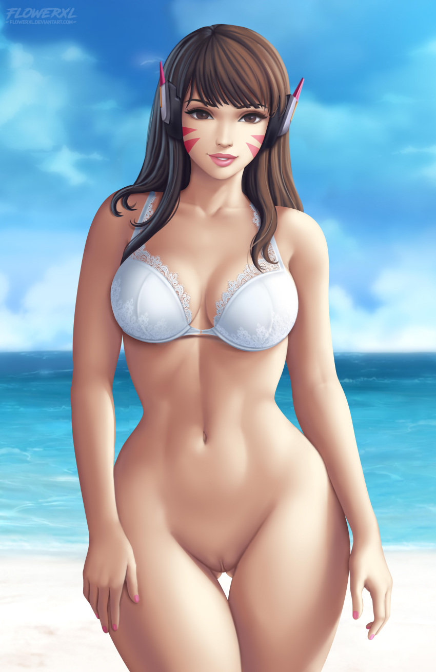 1girl 1girls alluring asian_female big_breasts bottomless bottomless_female bra breasts cleavage d.va day feet female_only flowerxl lingerie long_hair looking_at_viewer no_panties no_underwear ocean overwatch panties pink_lipstick pink_nails purple_hair pussy thigh_gap underwear video_game_character white_thong