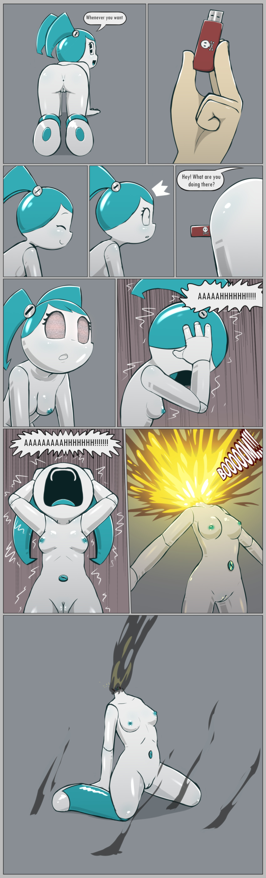 1girl anus areola ass blush border breasts comic comic_panel comics digital_media_(artwork) disembodied_hand duo e254e english_text genitals gore grey_border high_res humanoid jenny_wakeman kaboom lmao looking_at_viewer machine my_life_as_a_teenage_robot nickelodeon nipples open_mouth penetration pussy rear_view robot smooth_skin s***f text usb vaginal_penetration white_body