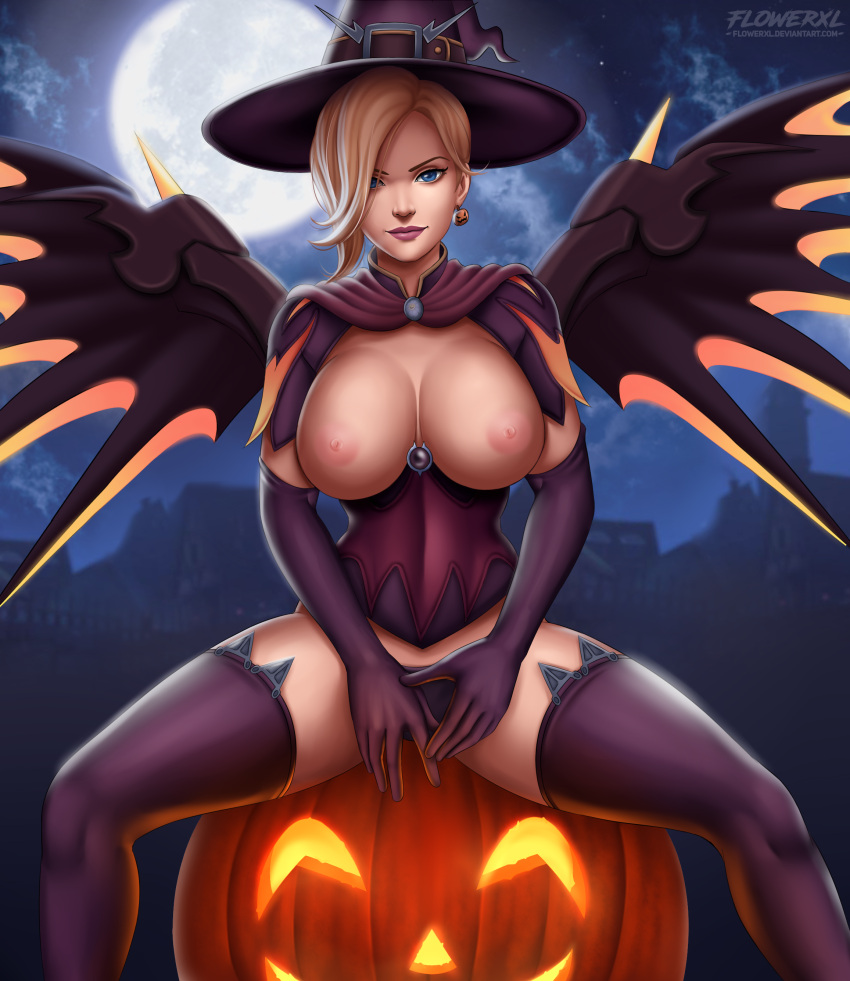 1girl 1girl 1girl absurd_res alternate_costume big_breasts blonde_hair blue_eyes breasts city_background cleavage female_only femoral_only flowerxl halloween hat high_res jack-o'-lantern mercy mercy_(overwatch) moonlight night nipples overwatch panties purple_lips spread_legs stockings topless topless_female underwear video_game_character wings_through_clothes witch witch_hat witch_mercy