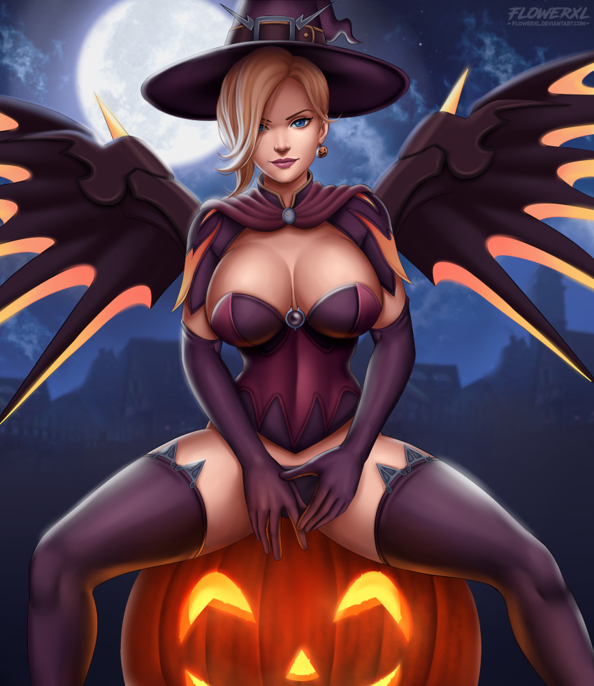 1girl absurd_res alternate_costume big_breasts blonde_hair blue_eyes breasts city_background cleavage female_only femoral_only flowerxl halloween hat high_res jack-o'-lantern mercy_(overwatch) moonlight night overwatch panties purple_lips spread_legs stockings underwear video_game_character wings_through_clothes witch witch_hat witch_mercy