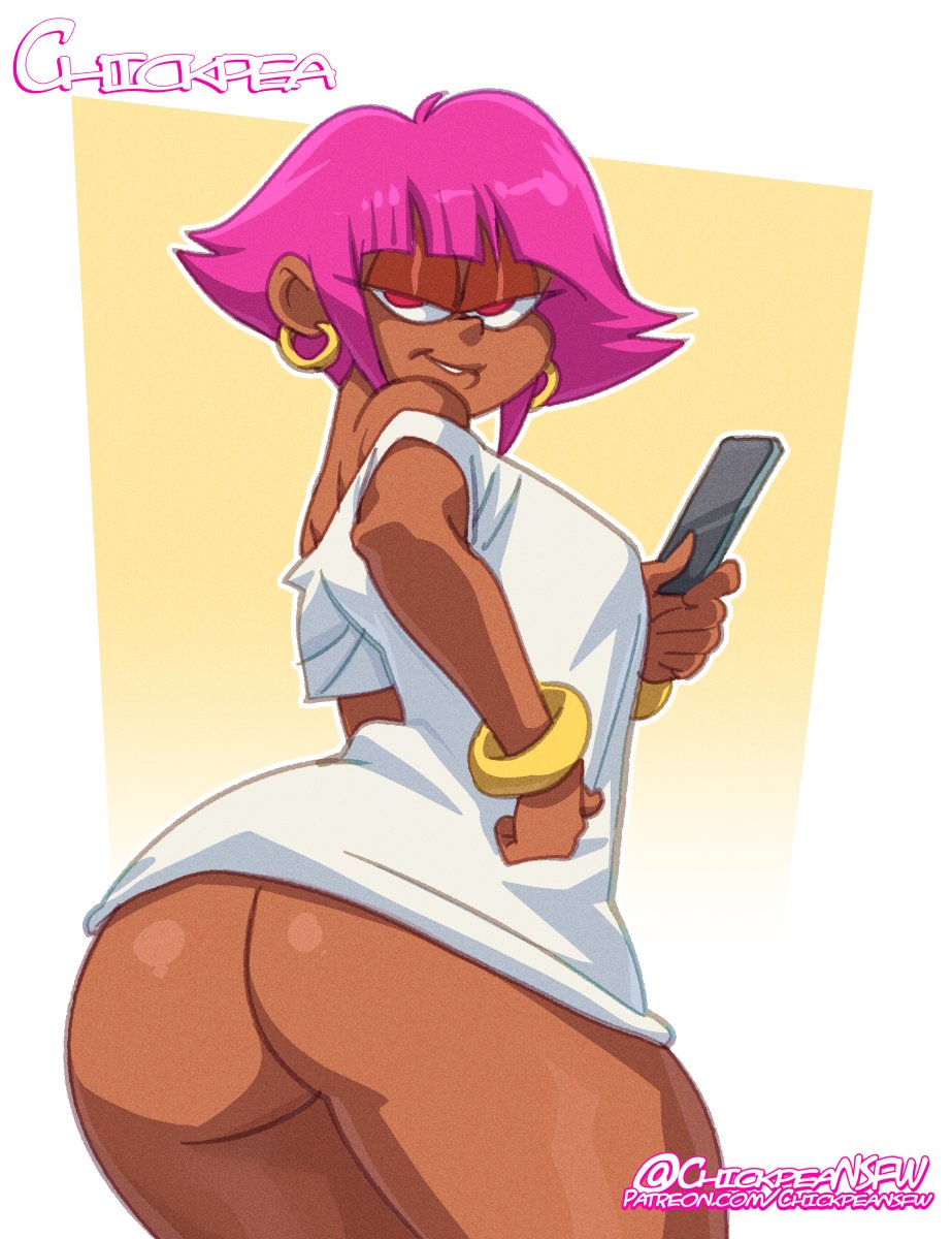 1girl 2021 ass bedroom_eyes big_ass bottomless bracelet breasts cartoon_network chickpea colored dark-skinned_female dark_skin earrings female_only hands_on_hips human human_shannon humanized looking_at_viewer looking_back ok_k.o.!_let's_be_heroes oversized_shirt phone pink_hair rear_view red_eyes shannon_boxman short_hair simple_background smartphone solo_female t-shirt upskirt white_shirt yellow_background