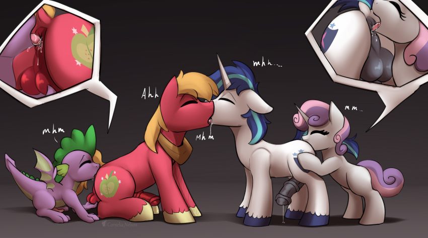 1girl 2020 absurd_res age_difference anal animal_genitalia animal_penis anus balls big_macintosh_(mlp) bodily_fluids both_sexes_in_same_situation closed_eyes cornelia_nelson cutie_mark digital_media_(artwork) dragon earth_pony equid equine equine_penis feral french_kissing friendship_is_magic genital_fluids genitals group hasbro high_res hooves horn horse kissing licking male male/female male/male mammal my_little_pony older_male oral penis pony precum purple_body red_body rimming saliva saliva_string sex shining_armor_(mlp) size_difference spike_(mlp) sweetie_belle_(mlp) tongue tongue_out unicorn white_body wings yaoi young younger_female younger_male