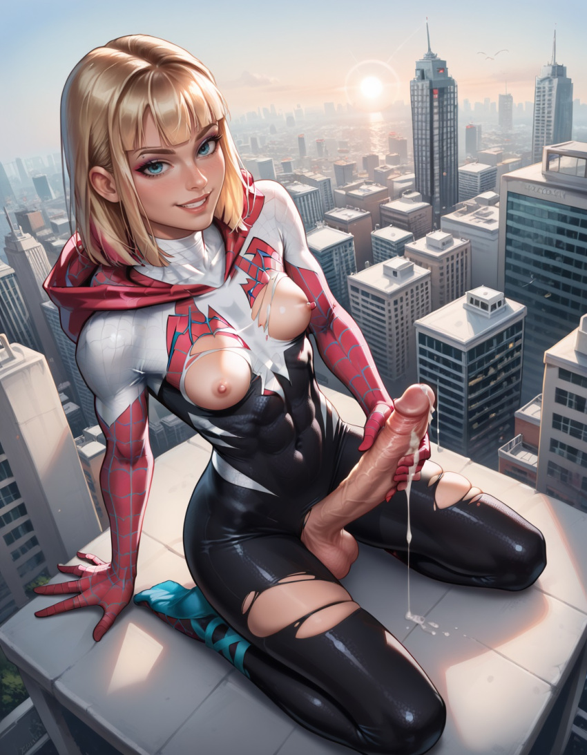1futa ai_generated ballet_slippers big_penis blonde_hair blue_eyes bodysuit breasts breasts_out_of_clothes breasts_outside cum cum_drip dripping_cum futa_only futanari grabbing_own_penis gwen_stacy hood huge_cock huge_penis looking_at_viewer marvel marvel_comics nipple_slip nipples pink_nipples short_hair small_breasts smile solo_futa spider-gwen torn_clothes
