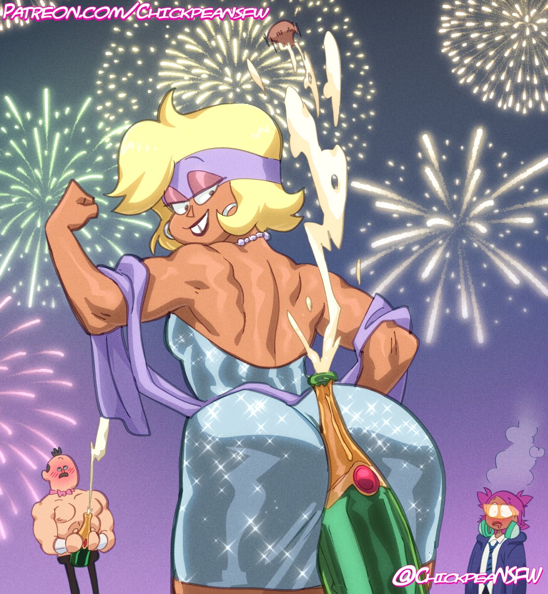 1girl 1girls 2023 alcohol bisexual_panic blonde_hair bottle carol_(ok_k.o.!_let's_be_heroes) cartoon_network champagne chickpea color colored dress earrings fireworks flexing flustered headband lipstick makeup male muscular_female new_year ok_k.o.!_let's_be_heroes open-back_dress short_hair smile teeth_gap tooth_gap