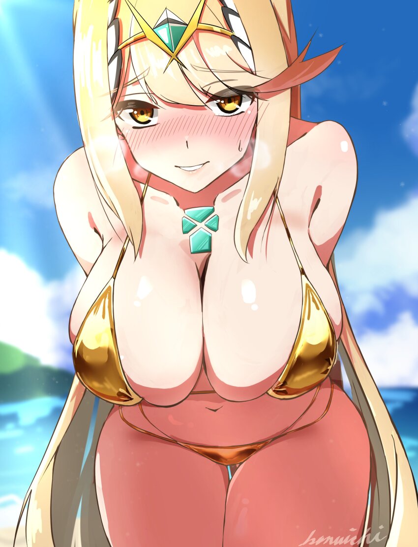 1girl absurdres alluring beach big_breasts bikini blonde_hair blue_sky blush cleavage commentary_request core_crystal_(xenoblade) gold_bikini highres kanuici336 long_hair looking_at_viewer mythra navel nintendo ocean outdoors parted_lips shiny_skin signature sky solo swept_bangs swimsuit thigh_gap tiara very_long_hair xenoblade_(series) xenoblade_chronicles_2 yellow_eyes