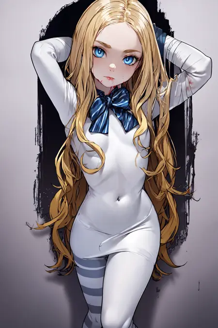 ai_generated android arms_behind_head artist_name artist_request blonde blonde_hair blue_eyes blush blush bow bowtie character_name character_request doll hands_behind_head koko_elf_(artist) long_hair m3gan_(character) m3gan_(movie) miniskirt robot robot_girl striped_thighhighs tights