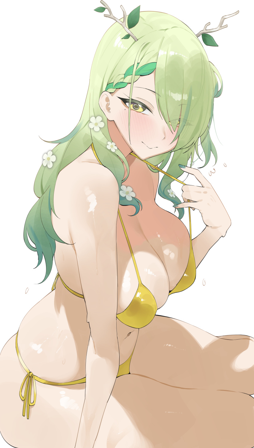 1girl 1girl absurd_res alternate_costume bare_arms bare_shoulders big_breasts bikini bikini_pull braid braided_bangs breasts byeon_dha ceres_fauna cleavage closed_mouth clothes_pull commentary flower green_hair hair_branch hair_flower hair_ornament hair_over_one_eye high_res hololive hololive_english looking_at_viewer mole mole_under_eye navel pulled_by_self side-tie_bikini_bottom simple_background swimsuit virtual_youtuber white_background white_flower yellow_bikini yellow_eyes
