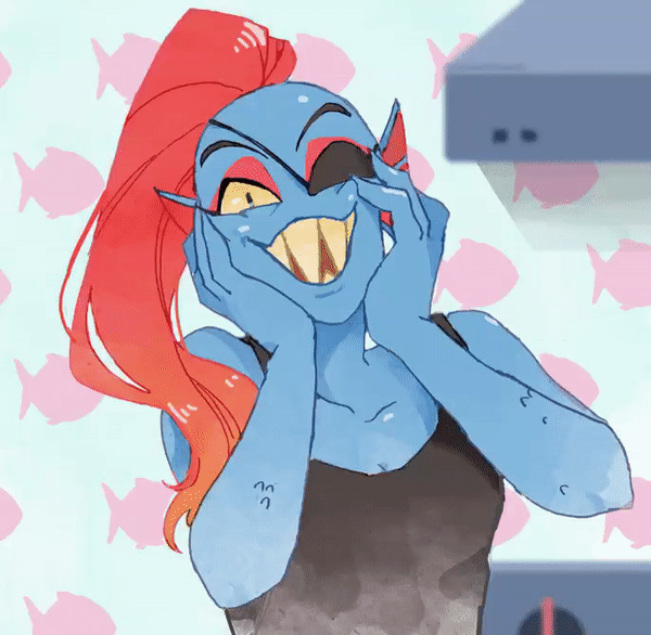 1girl 2d 2d_(artwork) adorable anthro anthro_only blue_body blue_skin breasts cleavage closed_eyes clothed clothed_female clothing corogarucoromo cute detailed_background digital_media_(artwork) ear_fins eye_patch eyepatch female_anthro female_only fins fish fish_girl gif grin hair hands_on_cheeks hands_on_face hands_on_own_cheeks hands_on_own_face head_fins marine monster monster_girl non-mammal_breasts pixiv ponytail red_hair red_ponytail sharp_teeth slit_pupils smiling_at_viewer solo_anthro solo_female tank_top topwear undertale undertale_(series) undyne upper_body video_game_character video_games wholesome yellow_sclera yellow_teeth
