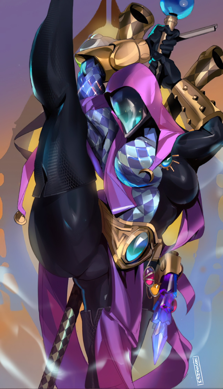 1girl big_breasts bodysuit breasts female_only harlequin harlequin_(w40k) hood jewelry leg_lift long_boots masked_female weapons