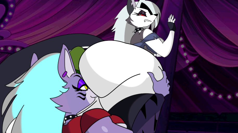 against_pole anthro big_ass breast_press breasts bubble_butt clothed_female comic crossover face_in_ass five_nights_at_freddy's five_nights_at_freddy's:_security_breach furry_female gif hand_holding hand_on_ass helluva_boss legs_together loona_(vivzmind) pushing_ass pyramid_(artist) rimming_female roxanne_wolf_(fnaf) sexy_body sniffing tail yuri