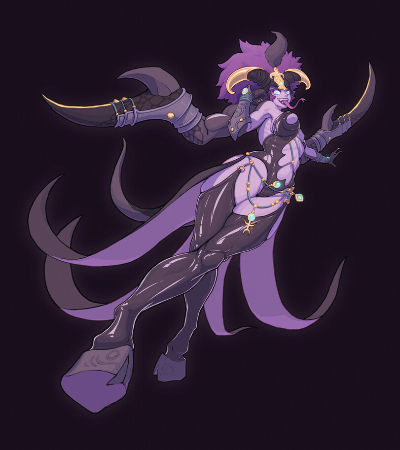 animal_legs bdsm_outfit bondage_outfit breasts clamp clamps daemon demon demon_girl hooves horns jewelry keeper_of_secrets long_hair long_tongue looking_at_viewer looking_down multiple_arms purple_skin warhammer_40k