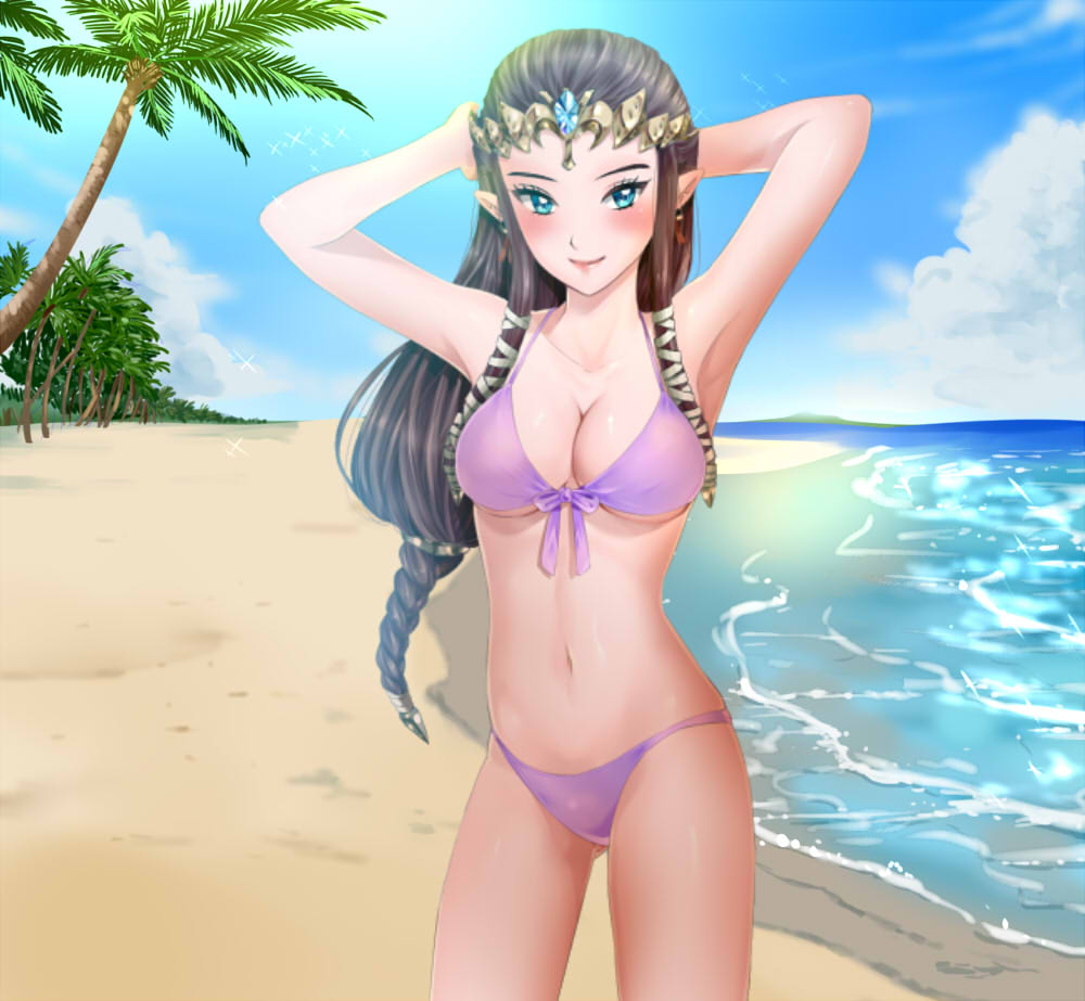 1girl alluring arms_behind_head beach big_breasts bikini blue_eyes brown_hair day long_hair looking_at_viewer navel nintendo outside pointy_ears princess_zelda sky smile swimsuit the_legend_of_zelda the_legend_of_zelda:_twilight_princess wasabi_(legemd)