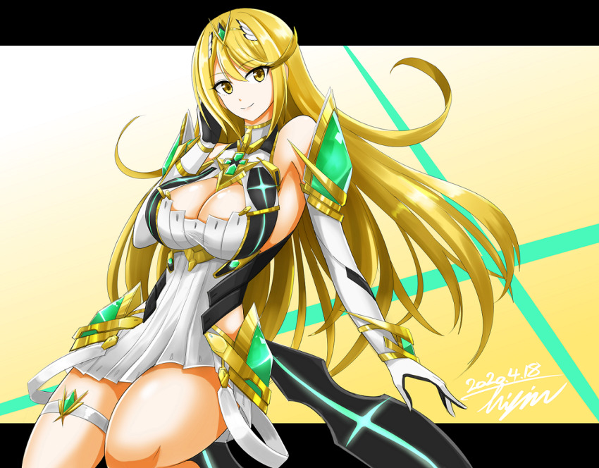1girl alluring bare_legs bare_shoulders big_breasts blonde_hair chest_jewel cleavage cleavage_cutout clothing_cutout dress earrings elbow_gloves gloves hisin jewelry long_hair mythra nintendo short_dress swept_bangs thigh_strap tiara very_long_hair white_dress white_gloves xenoblade_(series) xenoblade_chronicles_2 yellow_eyes