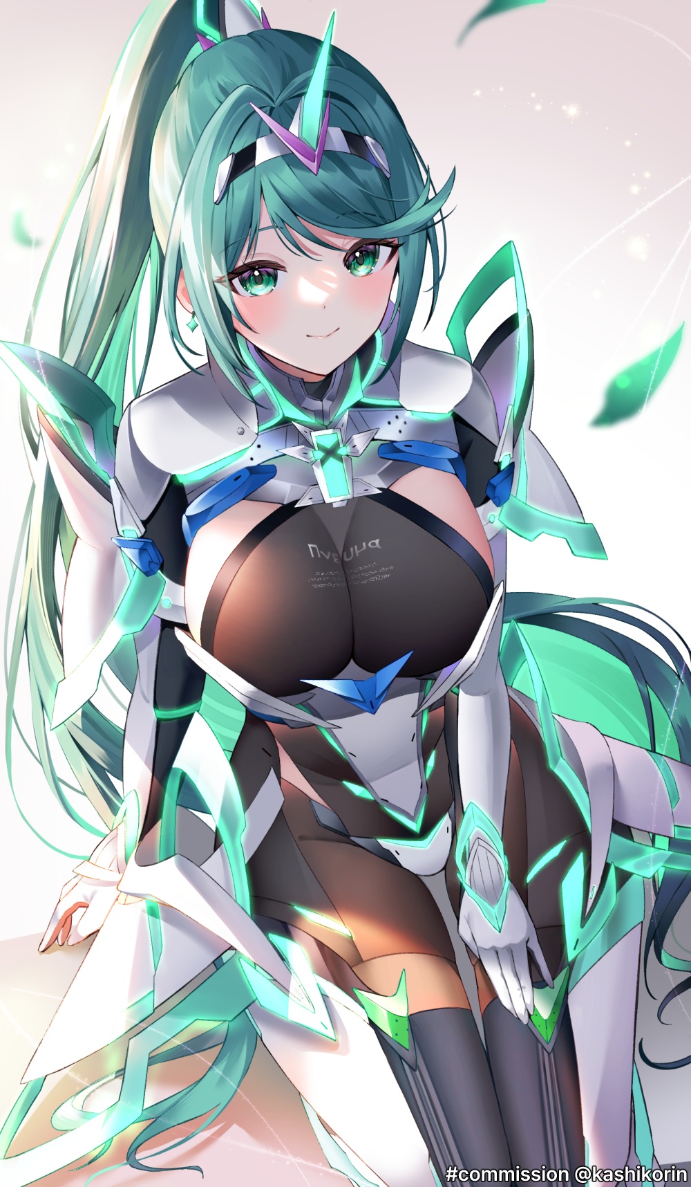 1girl alluring big_breasts green_eyes green_hair nintendo pneuma_(xenoblade) ponytail sitting solo xenoblade_(series) xenoblade_chronicles_2 yuntae