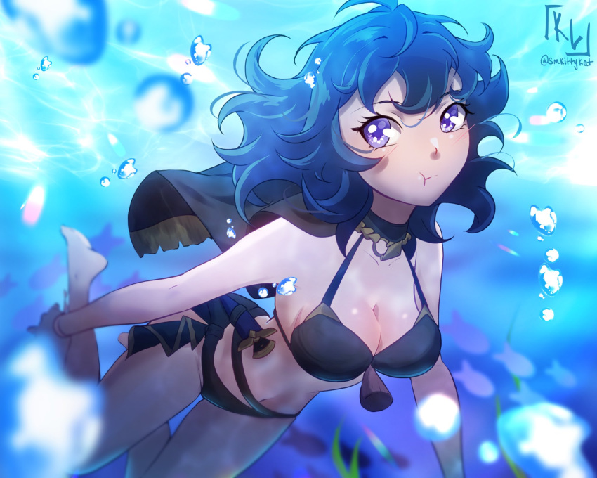 1girl alternate_costume bikini black_bikini black_swimsuit blue_eyes blue_hair breasts byleth_(female)_(summer)_(fire_emblem) byleth_(fire_emblem) byleth_(fire_emblem)_(female) female female_only fire_emblem fire_emblem:_three_houses fire_emblem_heroes nintendo official_alternate_costume smkittykat solo swimsuit underwater