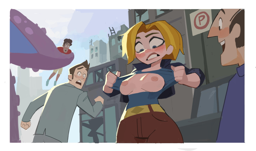 1girl 3boys amugea big_breasts breasts dc_super_hero_girls kara_zor-el nipples supergirl wardrobe_malfunction