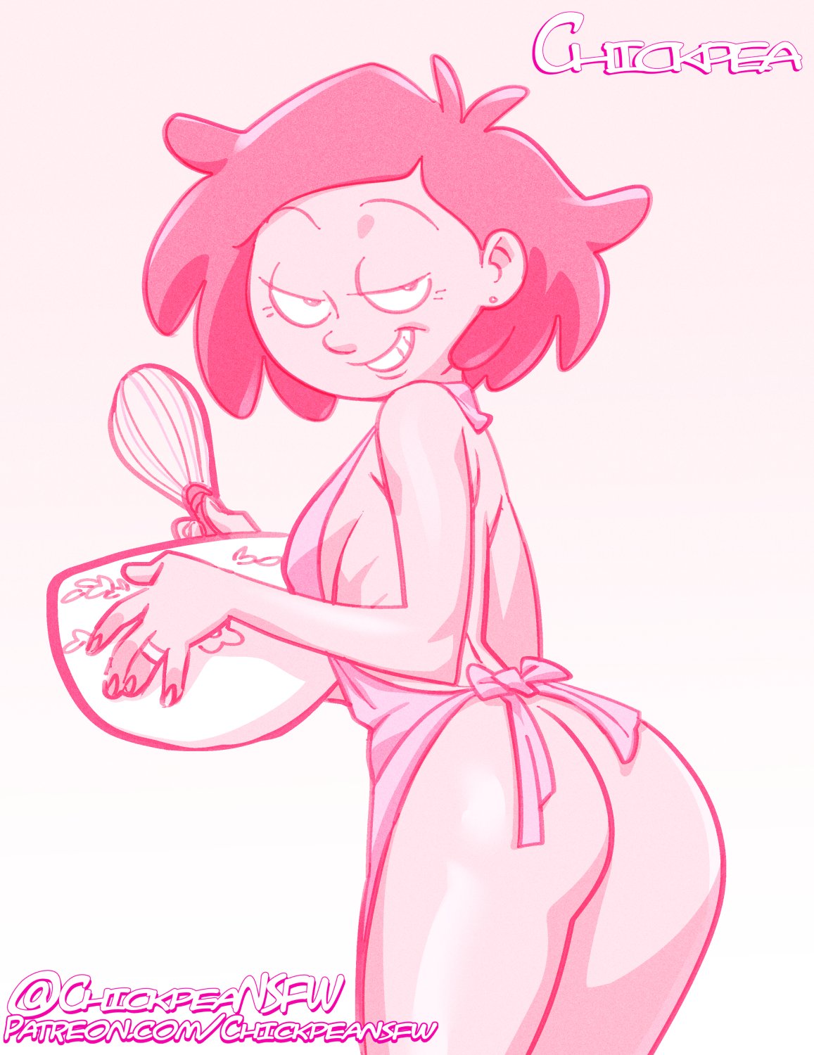 1girl 1girls 2022 amphibia asian_female bedroom_eyes chickpea dark-skinned_female disney disney_channel looking_at_viewer milf mrs._boonchuy naked_apron oum_boonchuy pink_background pink_theme short_hair smile straight_hair wedding_ring