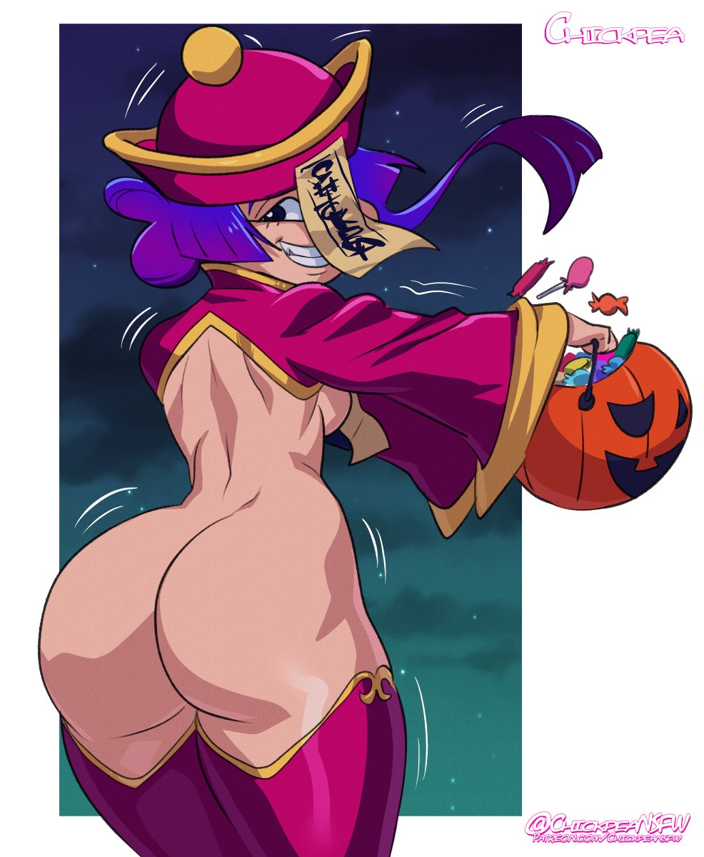 1girl 1girl 1girls 2020 ass back big_ass big_ass blue_hair bouncing_ass capcom chickpea clothing colored cosplay darkstalkers female_only glitch_techs halloween halloween_costume huge_ass huge_ass jiangshi looking_back looking_back_at_viewer miko_kubota mooning nickelodeon no_pants simple_background small_breasts smile stockings stockings thick_thighs twerking wide_hips zombie