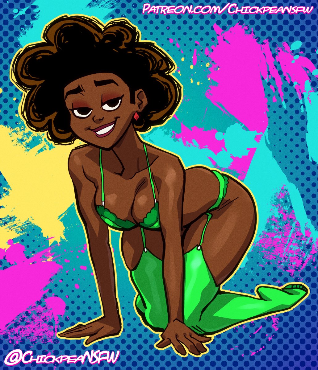 1girl 1girl 1girls 2020s 2023 adria_lafayette african african_female bedroom_eyes black_hair bra breasts brown_hair chickpea cleavage colored colored_background colorful dark-skinned_female disney disney_channel earrings female_only garter_belt huge_ass kneel lingerie looking_at_viewer marvel marvel_comics milf moon_girl_and_devil_dinosaur on_all_fours seductive smile stockings thick_thighs