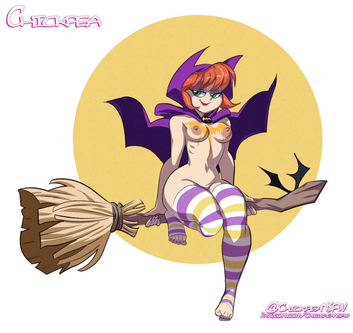 1girl 1girls 2020 barbara_gordon barefoot batgirl body_paint breasts broom broomstick cape chickpea colored dc_comics dc_super_hero_girls feet female_only green_eyes halloween halloween_costume nipples nude nude_female orange_background purple_nail_polish purple_nails red_hair short_hair simple_background sole_female stockings striped_legwear wide_hips witch