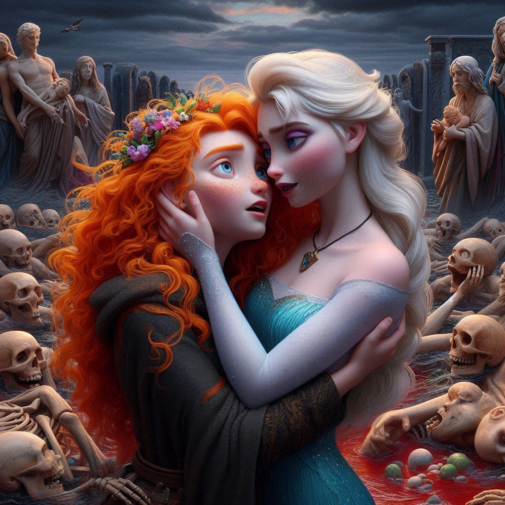 about_to_kiss ai_generated blonde blonde_female blonde_hair blue_dress blue_eyes braid brave brave_(copyright) cape disney dress elsa_(frozen) flower_in_hair freckles frozen_(movie) grabbing_face green_cape long_hair long_sleeves looking_at_another loose_hair merida necklace red_hair redhead skeleton statue