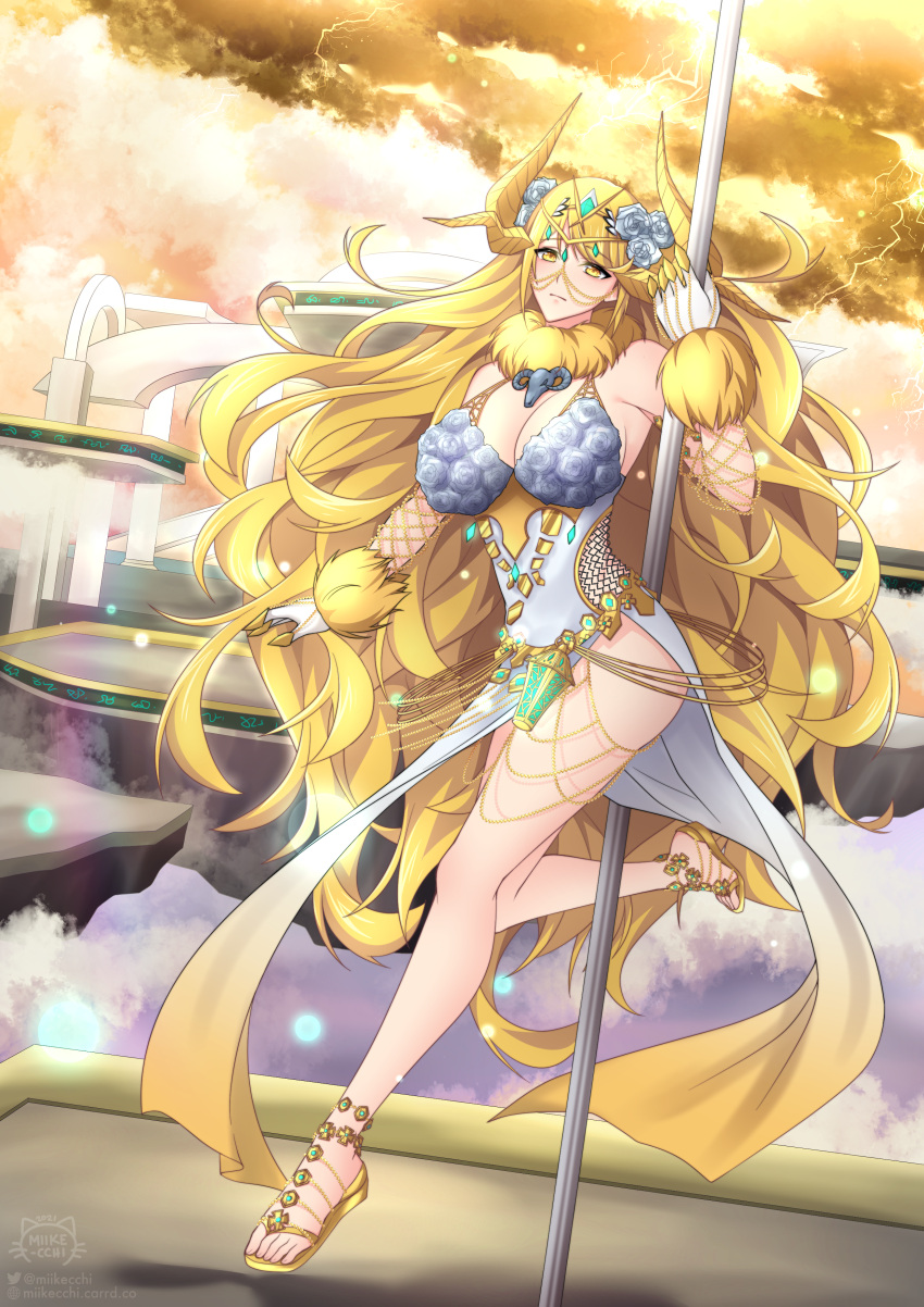 1girl absurd_res alluring bare_shoulders big_breasts blonde_hair blush chest_jewel cleavage earrings gem gloves headpiece high_res horns jewelry large_horns long_hair miike-san mythra nintendo swept_bangs tiara very_long_hair xenoblade_(series) xenoblade_chronicles_2 yellow_eyes