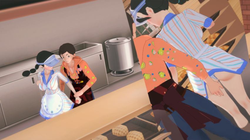 1boy 1girl ass black_hair brown_hair couple masaru_pokemon pokemon rubbing_ass suzuna_(pokemon)